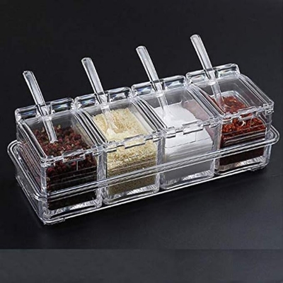 Picture of 4 Cells Transparent Spice Jar Set With Spoon And Lid Salt And Pepper Seasoning Bottle Kitchen Condiment Cruet Storage Container Multicolor