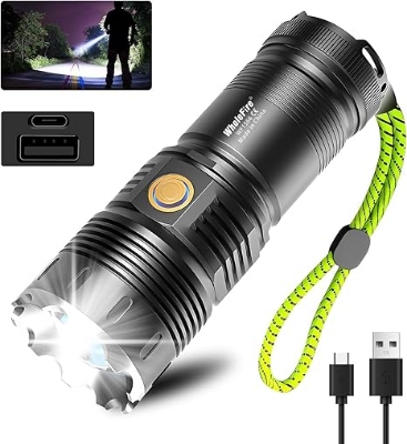 Picture of Luteti LED Torch Rechargeable, Super Bright Flashlight Torch with 5 Lighting Modes, LED Torch Battery Powered,200000Lumens Adjustable Focus Flashlight for Camping Walking Hiking Emergency Black