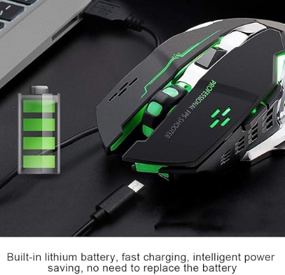 Picture of 2.4G Wireless Gaming Mouse, Rechargeable 6-keys 800/1600 / 2400 DPI Adjustable USB Mute Mice Ergonomic Design Glow Mechanical Mouse 10M for Laptop Computer Home Office(Black) Black
