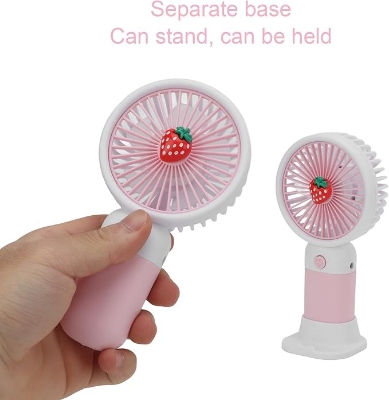 Picture of Summer Mini Fan  Mini Handheld Fan, USB Rechargeable Cartoon Strawberry Look Portable Fan with Removable Base for Home Office Outdoor Pink