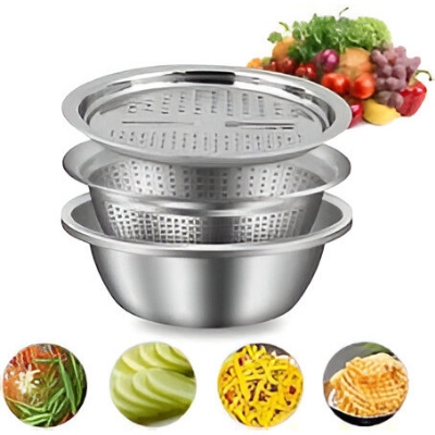 Picture of Stainless Steel Basin With Vegetable Cutter and Drain Basket 3-IN-1 MULTIFUNCTIONAL STAINLESS STEEL BASIN WITH VEGETABLE CUTTER AND DRAIN BASKET Silver