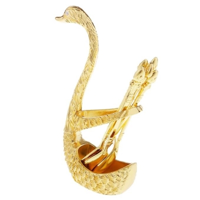 Picture of Swan Base with 6 Spoons Kitchen Utensils Stainless Steel Set Holder Gold | 1 Piece Swan Base Holder 6 Pieces Spoons Gold
