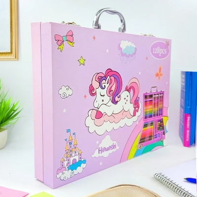 Picture of 128 Pcs Art Supplies Set for Kids, Portable Aluminum Case Art Kit Multicolor