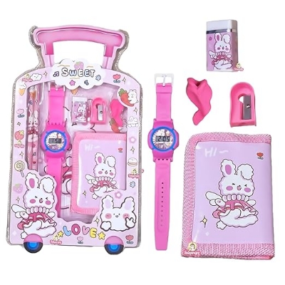 Picture of 7 in 1 Stationery Gift Set for Children | Stationery Supplies Bundle with Digital Watch, Sharpener, Eraser, 2 Pencils, Wallet Pouch Return Gift for Kids7 in 1 Stationery Gift Set for Children | Stationery Supplies Bundle with Digital Watch, Sharpener, Era 