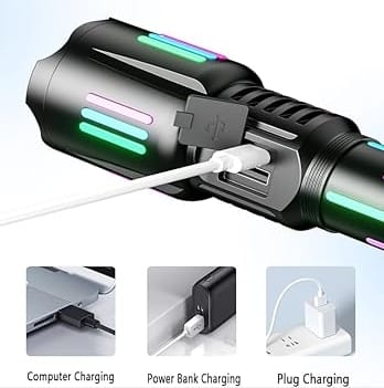Picture of High brightness rechargeable flashlight, super bright waterproof long life tactical flashlight, 1.5km long beam, LCD power display, 5 modes, suitable for emergency, camping Multicolor