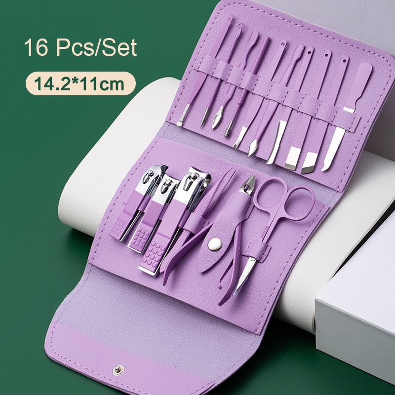 Picture of Nail Clippers Set, 16pcs Manicure & Pedicure Tools, Stainless Steel Nail Cutter Kit for men and women, with Leather Bag, Travel Grooming Kit for Facial, Cuticle and Nail Care 