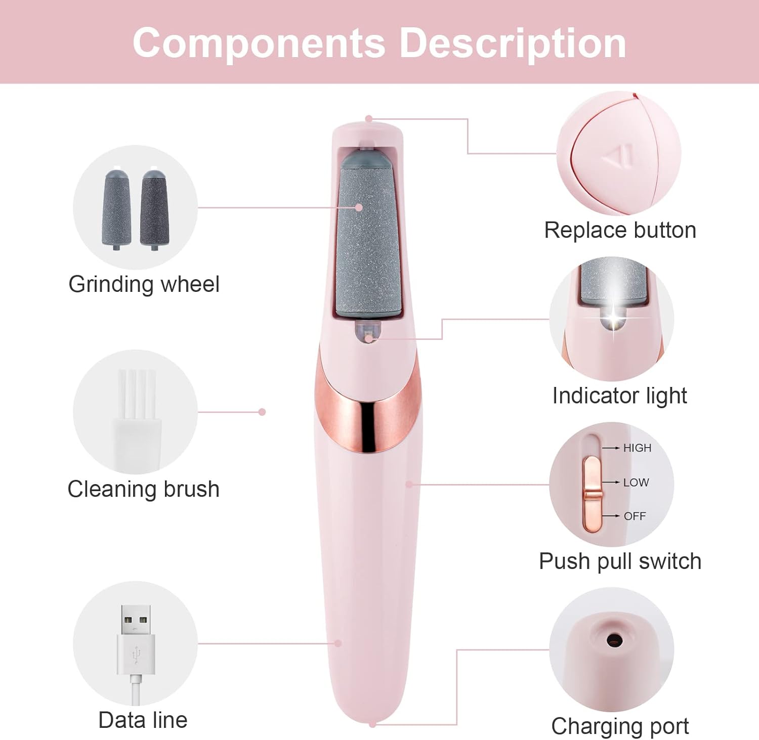 Picture of Electric Foot File, USB Rechargeable Feet Callus Remover with 2 Speed of Replacement Rollers & LED Lights, Professional Hard Skin Remover Foot Care Tools for Cracked Heels Calluses & Dead Skin Pink