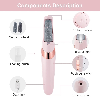 Picture of Electric Foot File, USB Rechargeable Feet Callus Remover with 2 Speed of Replacement Rollers & LED Lights, Professional Hard Skin Remover Foot Care Tools for Cracked Heels Calluses & Dead Skin Pink