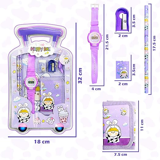 Picture of 7 IN 1 Stationery Set Toy for Kids - School Supply Kit with Pencil, Eraser, Sharpener, Wrist Watch and Purse - Birthday Return Gift - Color and Design As Per Stock (Pack of 1) 