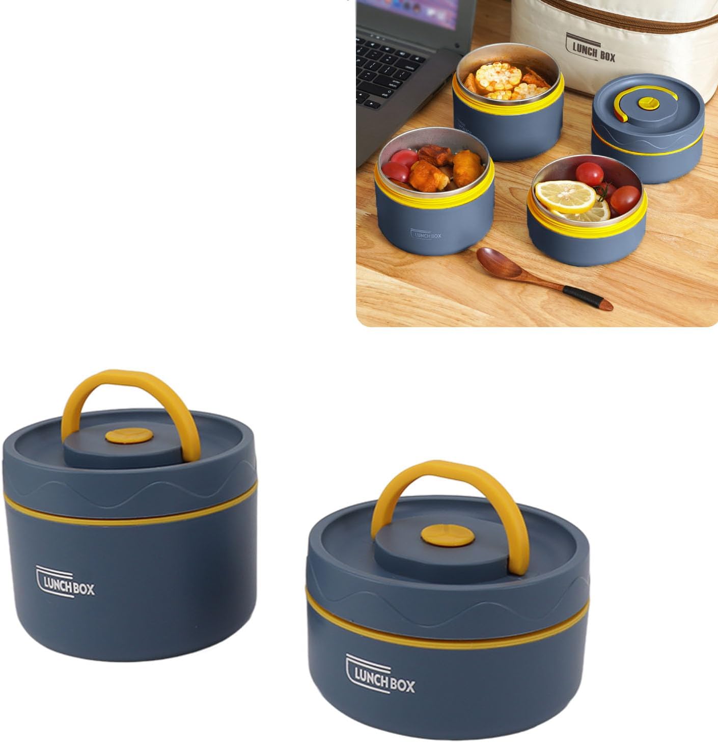 Picture of Lunch Box with Thermal Bag, Portable Leakproof Lunch Containers, 304 Stainless Steel Round Lunch Box for Adults Kids for Picnic Travel Office, Dishwasher Washable Multicolor