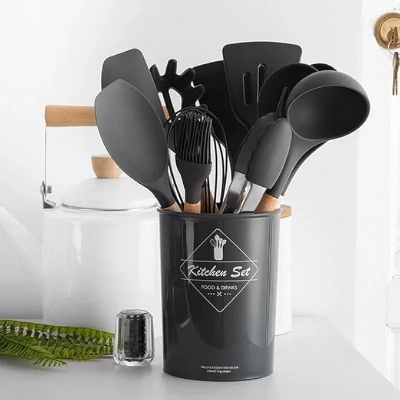 Picture of Silicone Cooking Utensil Set,12pcs Silicone Cooking Kitchen Utensils Set, Best Kitchen Cookware Wooden Handle, Black Kitchen Utensils Set, Utensils Set Black Handle, Silicone Utensils Set 12x16cm Black