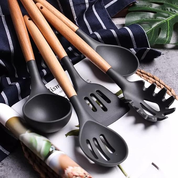 Picture of Silicone Cooking Utensil Set,12pcs Silicone Cooking Kitchen Utensils Set, Best Kitchen Cookware Wooden Handle, Black Kitchen Utensils Set, Utensils Set Black Handle, Silicone Utensils Set 12x16cm Black