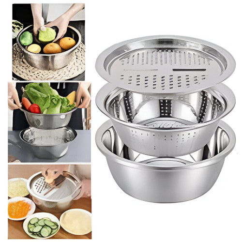 Picture of Stainless Steel 3 in 1 Kitchen Multipurpose Kitchen Bowl,Drain Basket,Graters for Vegetable,Fruit Cutter,Grater Kitchen Mesh Strainers [Total 3 Piece] (Strainer+Bowl+Chopper)26CM Silver
