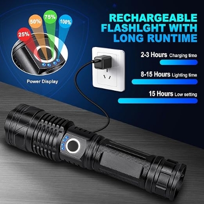 Picture of Flashlights High Lumens Rechargeable, 990,000 Lumens Super Bright Led Flashlight with 5 Modes, IPX6 Waterproof Powerful Flash Light Multifunctional Flashlights for Home Emergencies Camping Black