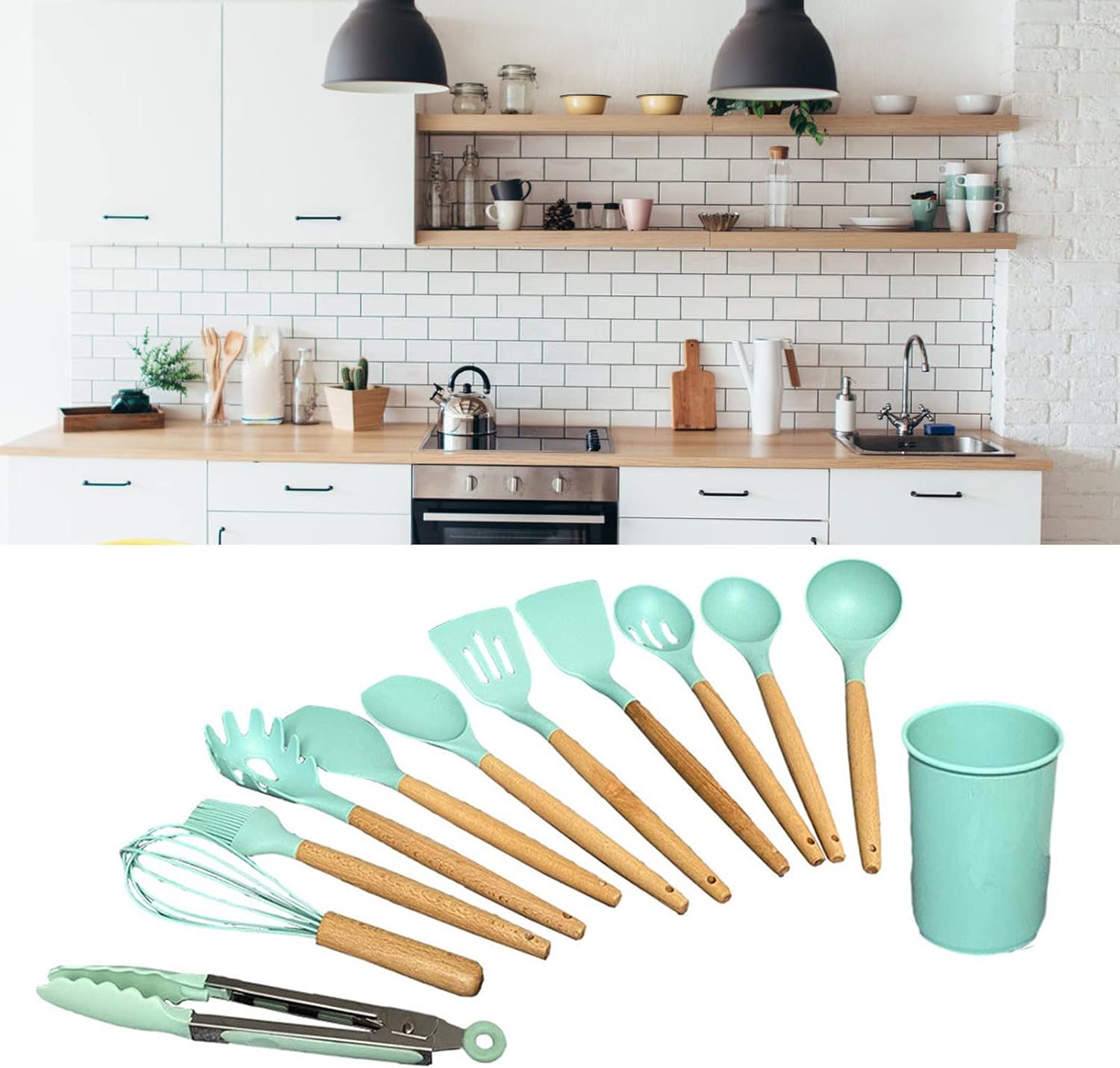 Picture of 12 Pcs Silicone Cooking Utensils Set, Non-Stick Silicone Cooking Utensils Set with Holder, Kitchen Utensil Gadgets Tools Set for Nonstick Cookware ,Dishwasher Safe Multicolor