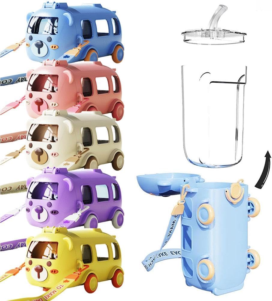 Picture of Portable Water Cup in Bus Shape, 500ml Leak-Proof Portable Water Bottle with Straw and Strap, Detachable Fun Cute Cartoon Bus Water Bottle for Boys Girls Camping Trips Multicolor