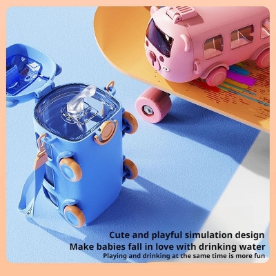Picture of Portable Water Cup in Bus Shape, 500ml Leak-Proof Portable Water Bottle with Straw and Strap, Detachable Fun Cute Cartoon Bus Water Bottle for Boys Girls Camping Trips, Portable Design Multicolor
