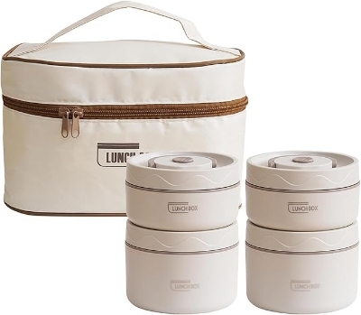 Picture of Portable Insulated Lunch Containers with Bag, Separate Stackable Lunch Container, Leakproof Stackable Stainless Steel Food Container, for Adult Men Women Kids, Insulated Bento Boxes (Beige, 4Tier) Multicolor