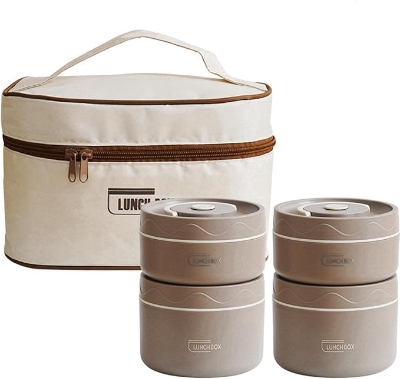 Picture of Portable Insulated Lunch Containers with Bag, Separate Stackable Lunch Container, Leakproof Stackable Stainless Steel Food Container, for Adult Men Women Kids, Insulated Bento Boxes (Beige, 4Tier) Multicolor