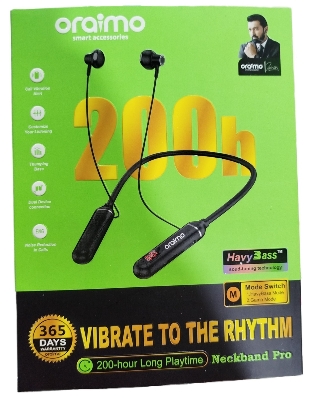 Picture of Oraimo NeckLite Wireless Neckband Earbuds, Wearable Around Neck Headphones Built-in Microphone, Bluetooth Headset Magnetic Earphones Deep Bass, Ultra-Lightweight Comfort, 200 Hours Playtime, Black Black