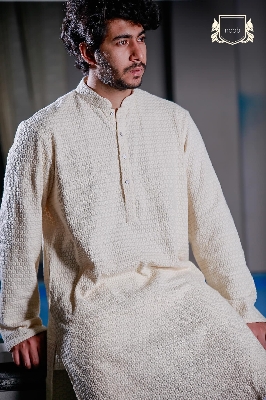 Picture of Premium Quality Off White Color Semi Long Panjabi Noob Men’s Regular Fit Premium Panjabi White