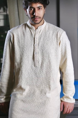 Picture of Premium Quality Off White Color Semi Long Panjabi Noob Men’s Regular Fit Premium Panjabi White