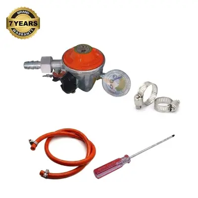 Picture of LPG Gas Safety Regulator 22mm with Meter & Auto Shut Off – 6 Feet Hose Pipe, 2 Clamps, Screwdriver – 5 in 1 Package – IGT