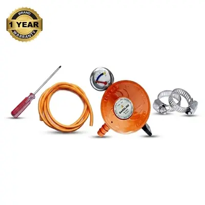 Picture of 22mm LPG Gas Regulator with Meter – Heavy Duty Low Pressure – 5Pcs Set (6Ft Pipe, 2 Clamps & Screwdriver) – Gasoline