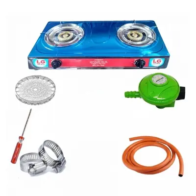 Picture of Complete LPG Gas Regulator Family Package Low Pressure Includes LG Double Burner Stove 2 Gas Saving Nets Clamps Screwdriver 7ft Safety Pipe Gasoline