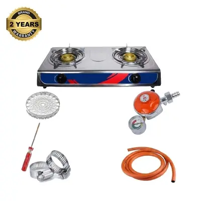 Picture of Safety Regulator Family Package with Auto Shut-Off Sensor, Double Burner Gas Stove, 7 Feet Explosion-Proof Pipe and Gas Saving Nets 2 Pieces – RFL