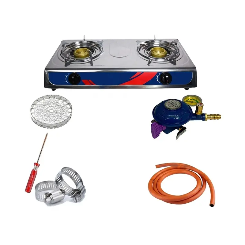 Picture of Gas Safety Device and Double Burner Stove Set with 7ft Pipe Large Family Package with All Accessories Eurogas