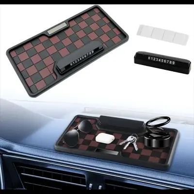 Picture of Car Dashboard Non Slip Mat, Multi Functional Thicken Washable Checkerboard Design Anti Slip Mat with Universal Number Plate for Aromatherapy Sunglasses Key(Gray & Black