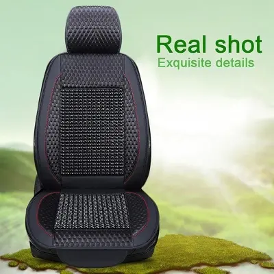 Picture of XhuangTech Natural Wood Bead Car Seat Cover Massage Cool Cushion Driver Seat PU Leather for Lower Back Pain (Black)