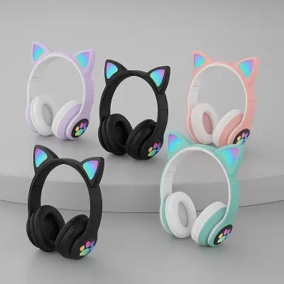 Picture of STN-28 Wireless Cat Ear Bluetooth Headphones with LED Lights, Mic, AUX & TF Card Support