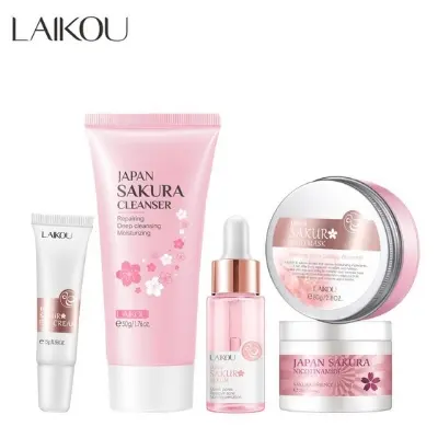 Picture of LAIKOU Sakura Skin Care Set 5pcs Brightening Serum / Whitening Face Moisturizer / Eye Cream / Cleansing Mud Mask Remove Acne