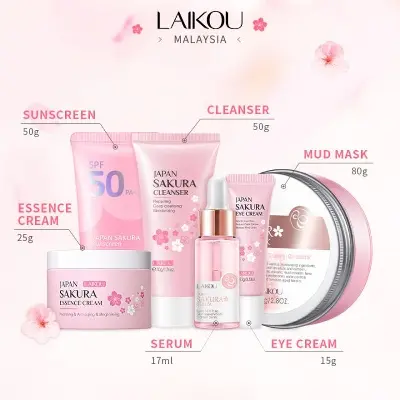 Picture of LAIKOU Sakura Skin Care Combo (Brightening Serum / Whitening Face Moisturizer / Eye Cream / Cleansing Mud Mask Remove Acne)-Set 6pcs