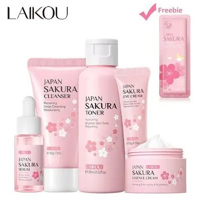 Picture of LAIKOU Japan Sakura Skincare 5PCS Set - Brighten Skin Tone Hydrating Anti-aging Deep Nourishing - Cleanser Serum Toner Face Cream Eye Cream Facial Skin Care Value Sets(With 1 Freebie Sakura Sleeping Mask)