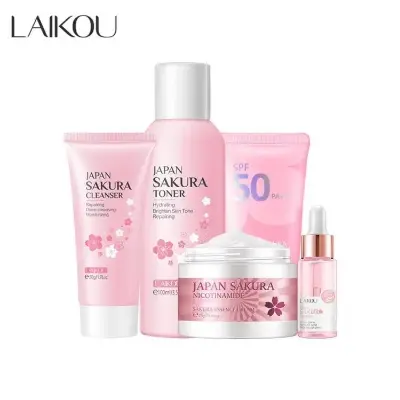 Picture of LAIKOU Sakura Face Serum Noirishing Essence Cream Sunscreen Reduce fine lines Facial Wash Cleansing Pores Sun Protection SPF 50+ Brightening Skin Rejuvenation- 5pcs