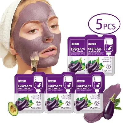Picture of 5pcs LAIKOU Eggplant Mud Mask Oil Control Moisturizing Anti-Acne Anti Wrinkle Whitening Cleansing Clay Mask Skin Care Face Mask