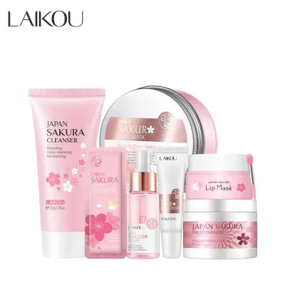 Picture of LAIKOU Sakura Face Serum Moisturizer Cream Sleeping Mask Cleansing Mud Mask Brightening Reduce Spots Wrinkles Combo -7pcs set