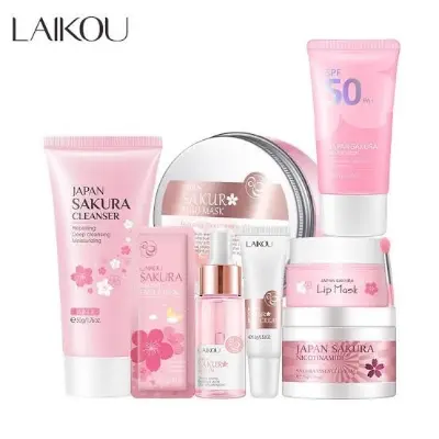 Picture of LAIKOU Sakura Face Serum Noirishing Essence Cream Sunscreen Reduce fine lines Facial Wash Cleansing Pores Sun Protection SPF 50+ Brightening Skin Rejuvenation- 8pcs Combo