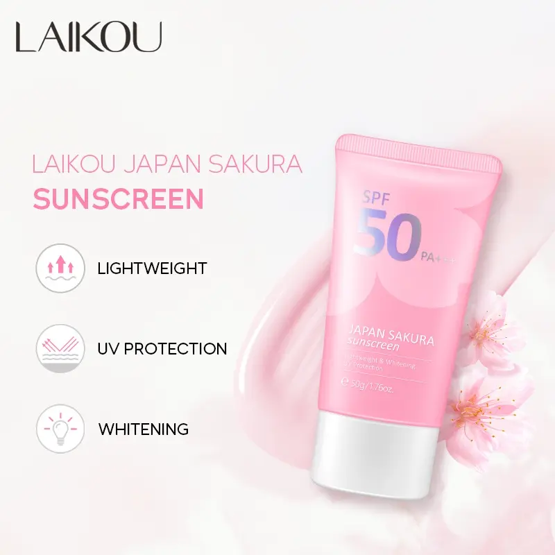 Picture of LAIKOU Sakura Face Serum Noirishing Essence Cream Sunscreen Reduce fine lines Facial Wash Cleansing Pores Sun Protection SPF 50+ Brightening Skin Rejuvenation- 8pcs Combo