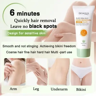 Picture of BIOAOUA Aloe Vera Hair removal cream Painless hair removal cream 60g for Pregnant women, Unwanted Hair in Underarms, Private Parts, Sensitive Skin Depilatory Remover Cream
