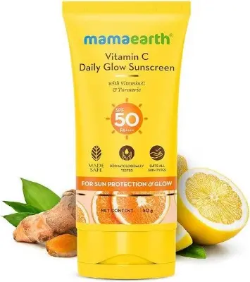 Picture of Mamaearth Vitamin C Daily Glow Sunscreen with Vitamin C & Turmeric for Sun Protection & Glow - 50 g | SPF 50 PA++++ | No White Cast | Lightweight & Non-Sticky | Brightens Skin | For All Skin Types
