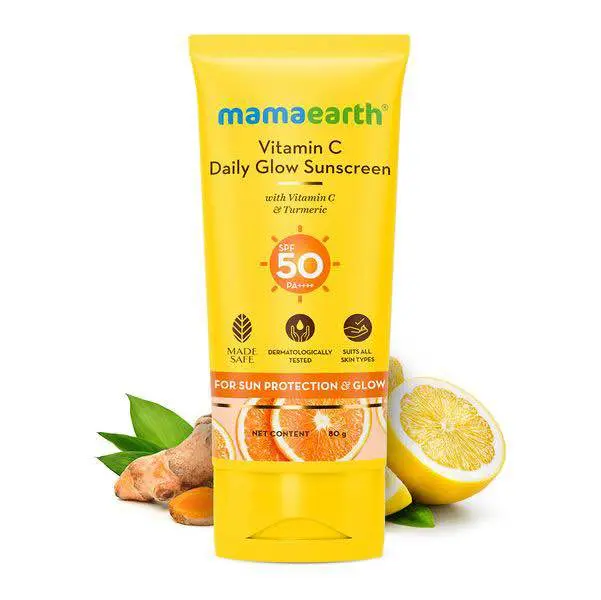 Picture of Mamaearth Vitamin C Daily Glow Sunscreen with Vitamin C & Turmeric for Sun Protection & Glow - 50 g | SPF 50 PA++++ | No White Cast | Lightweight & Non-Sticky | Brightens Skin | For All Skin Types