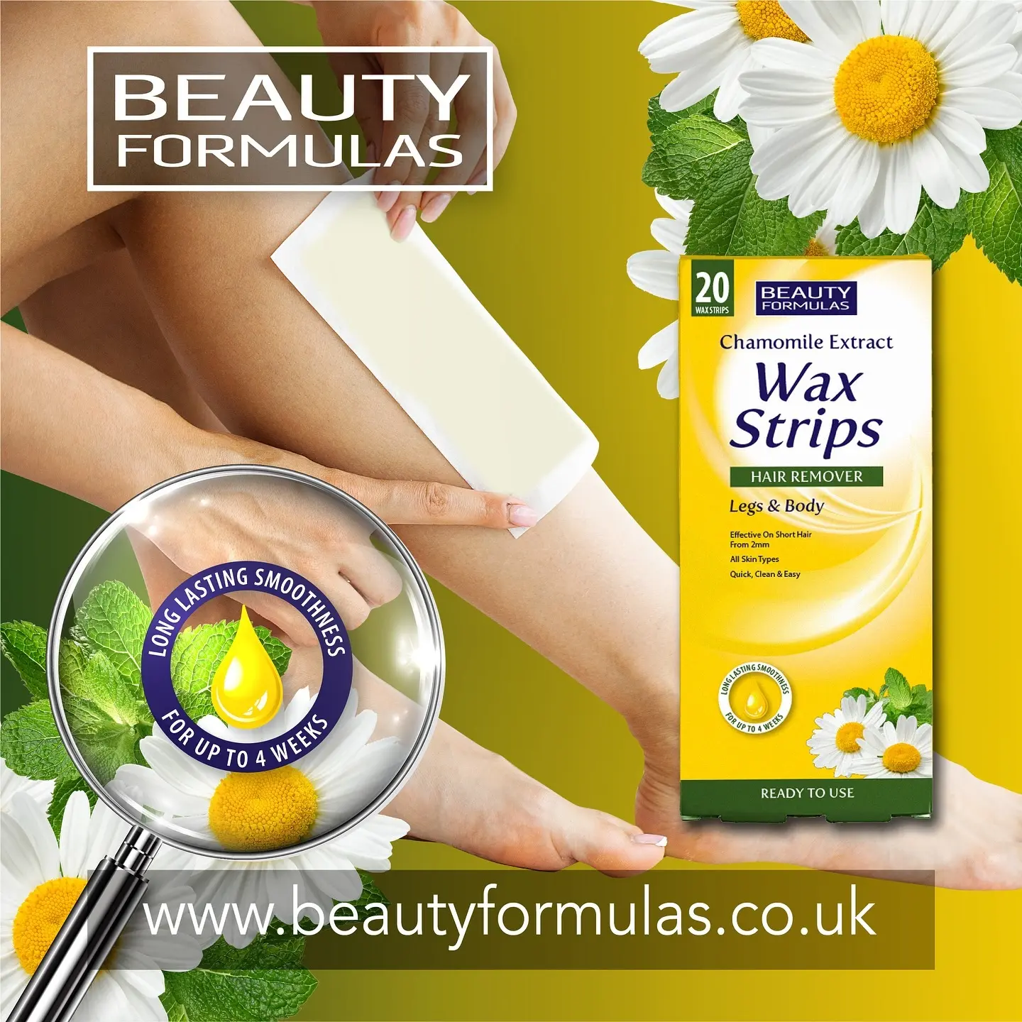Picture of Beauty Formulas CHAMOMILE Wax Strips Hair Remover Legs & Body-20 STRIPS