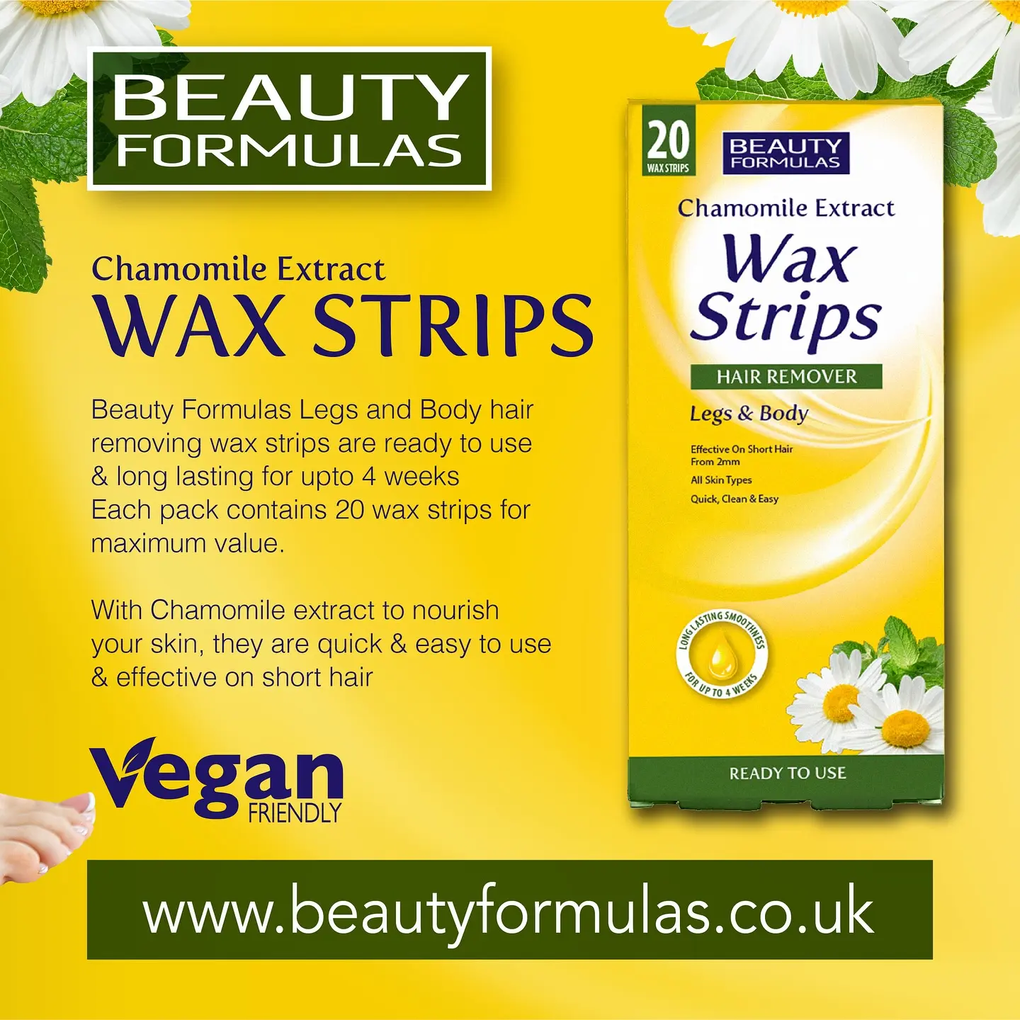 Picture of Beauty Formulas CHAMOMILE Wax Strips Hair Remover Legs & Body-20 STRIPS