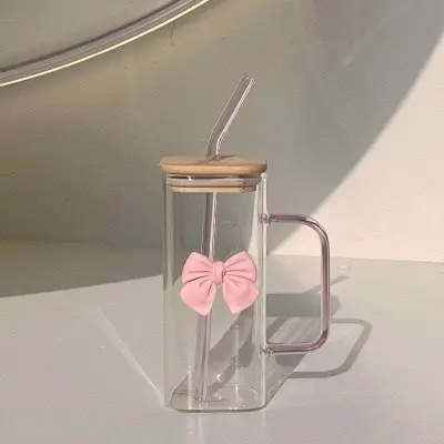 Picture of 350ML Square Mug with Lids and Straws with Bow Water Cup Household Cup Female Milk Coffee Cups with Pink Handle Gift