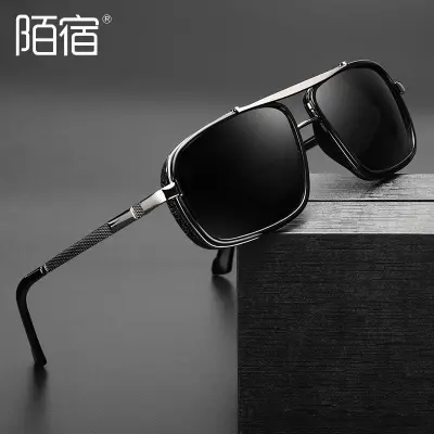 Picture of Punk Double Bridge Sunglasses Square Metal Black Lens Women Men Polarized Sunglasses