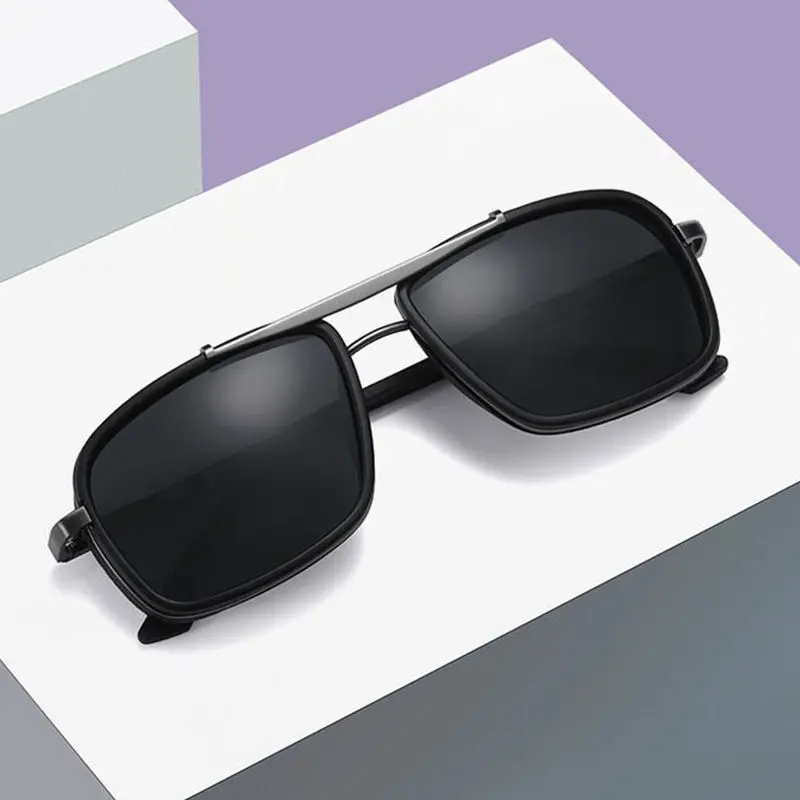 Picture of Punk Double Bridge Sunglasses Square Metal Black Lens Women Men Polarized Sunglasses